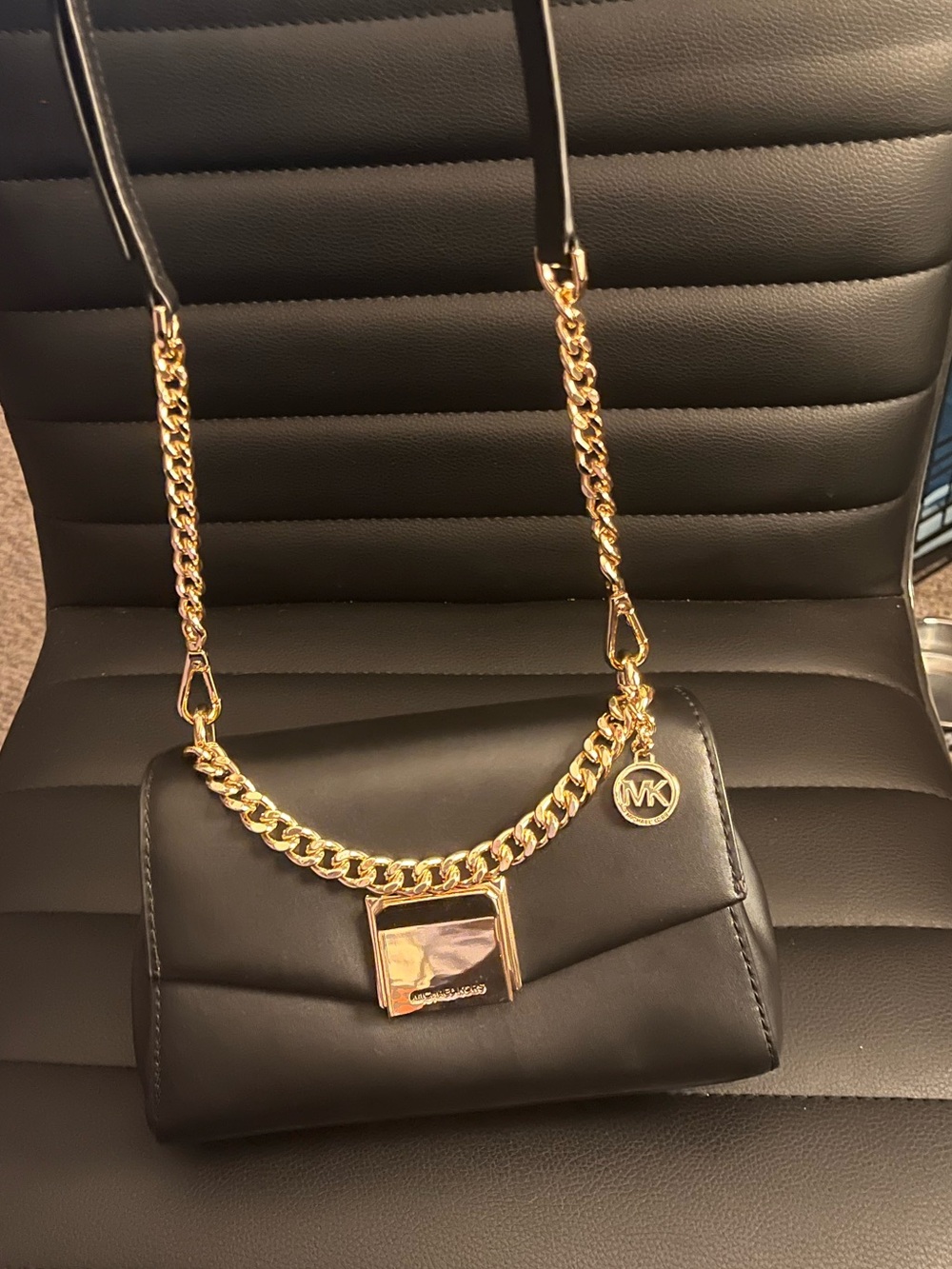 Michael Kors Small Black Lita Leather Crossbody Bag with Gold Chain
